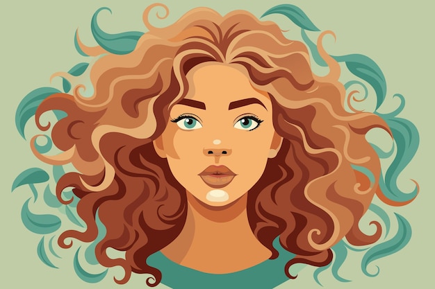 Vector a woman with long hair and a green shirt soft natural curls framing a womans face