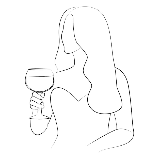 Woman with long hair holding glass with alcohol line art illustration, woman with wine glass