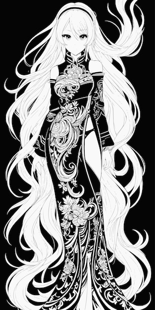 Vector a woman with long hair and a long white hair stands in front of a black background.