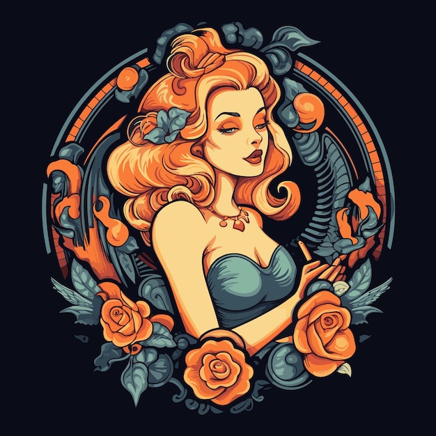 a woman with long hair and a red hair is sitting in a circle with orange roses