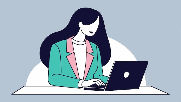 a woman with long hair sits at a table with a laptop