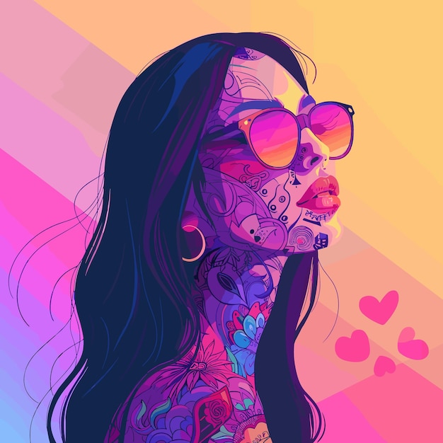 a woman with long hair and sunglasses is the main subject of the image