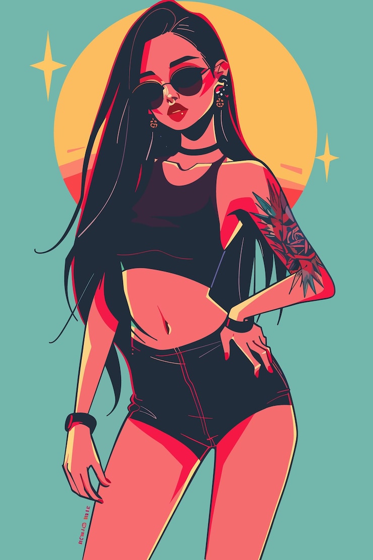 Vector a woman with long hair and tattoos on her arm stands in front of a yellow sun