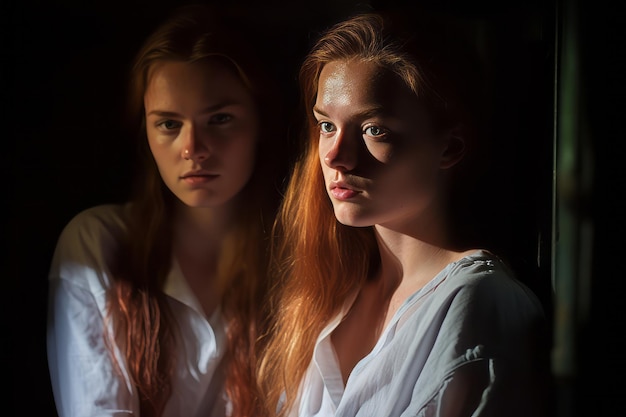 A woman with long red hair is looking at the camera