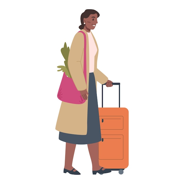 Vector woman with luggage going on trip