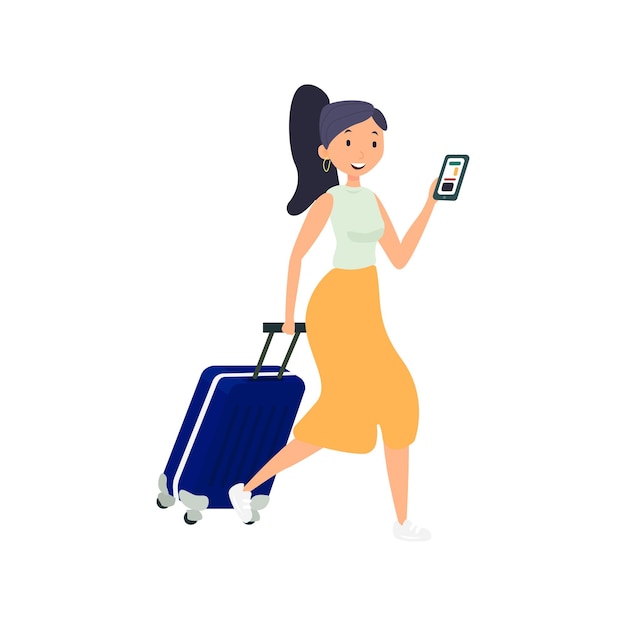 Woman with luggage and phone flat icon Colored vector element from airport collection Creative Woman with luggage and phone icon for web design templates and infographics