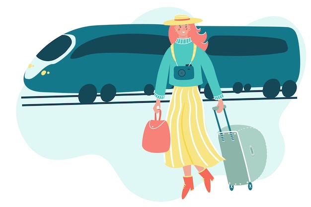 Vector woman with luggage traveling by train. girl going on vacation on abstract background.