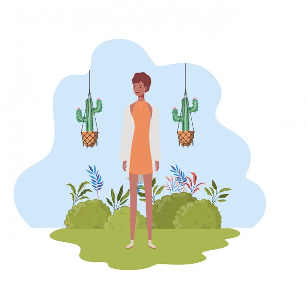 Woman with macrame hangers and landscape