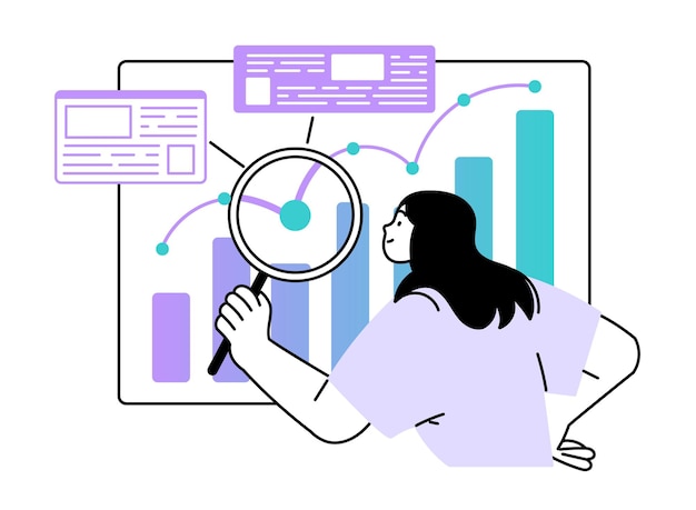 Woman with a magnifying glass examines the data