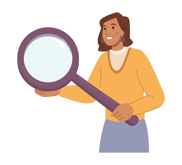 Vector woman with magnifying glass search agent