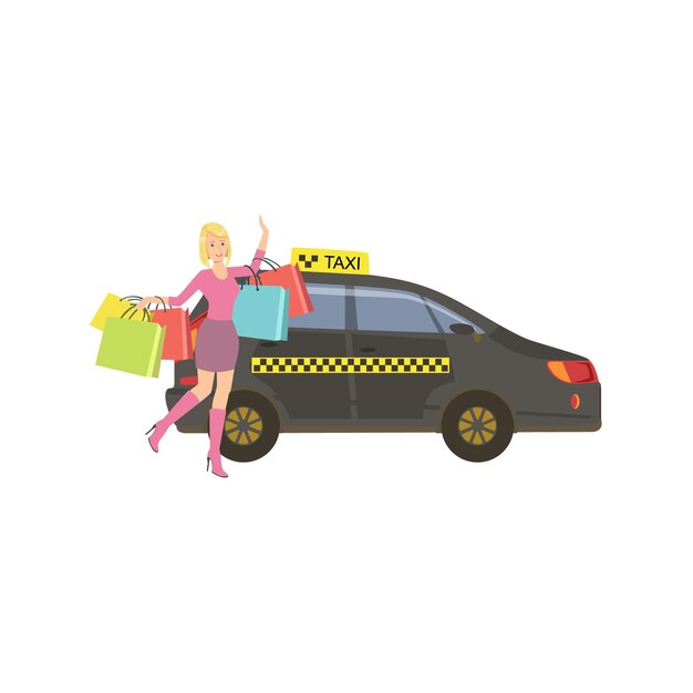 Woman with many shopping bags catching black taxi car