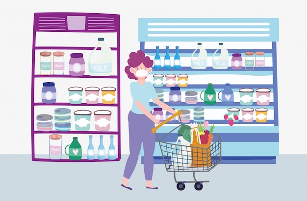 woman with mask and shopping cart grocery store food illustration