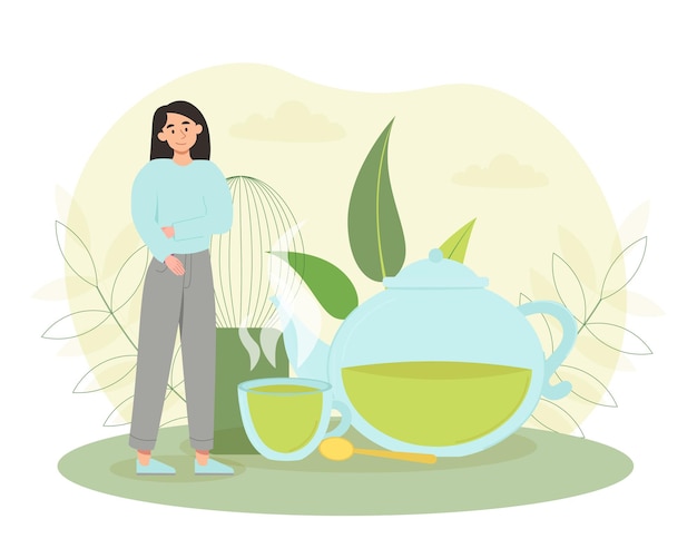 Vector woman with matcha tea delicious morning hot drink freshness and energy tranquility traditional