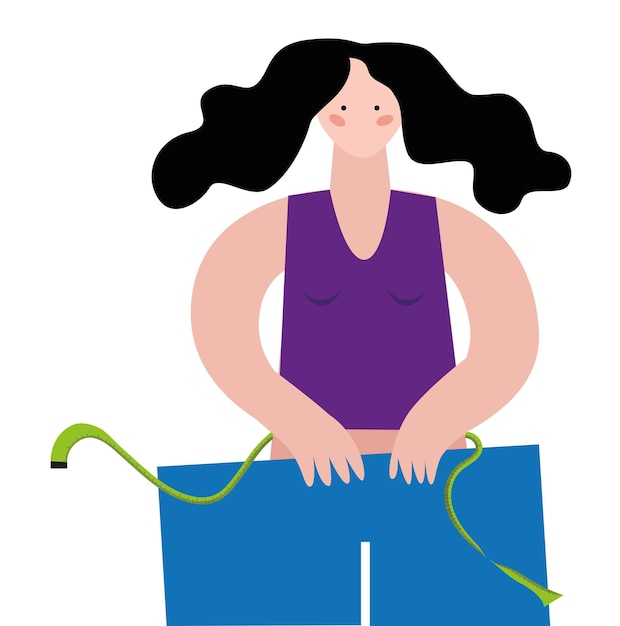 Vector woman with measuring tape and big pants on a white background