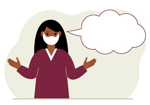 Woman with medical mask and blank thoughts, speech bubble. Hands are spread apart. Place for your text.