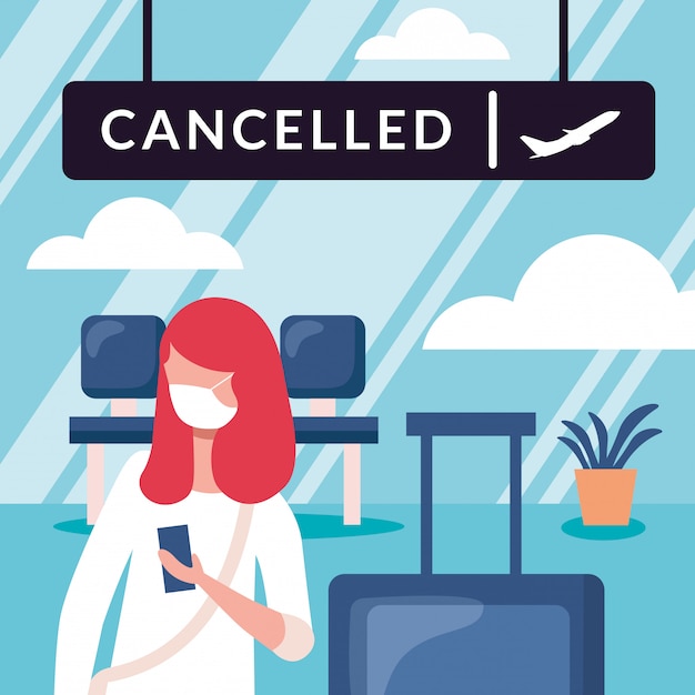 Woman with medical mask and cancelled flight board  design