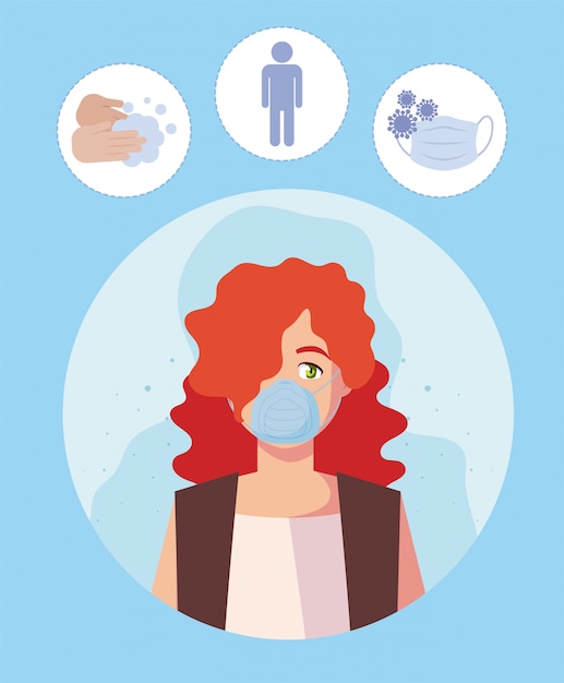 Vector woman with medical mask and icon set