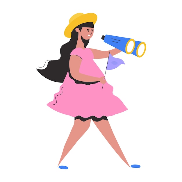 A woman with a megaphone and a hat is looking at a flag.