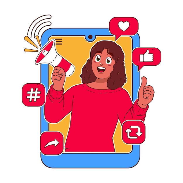 Woman with a megaphone in her hand social media concept
