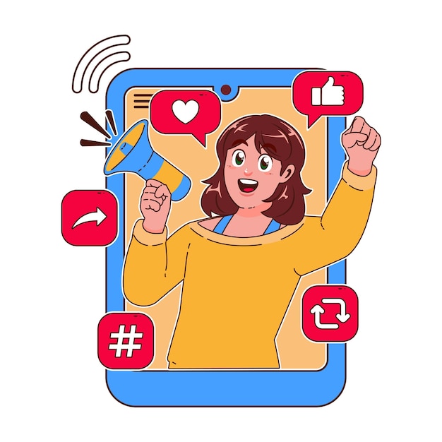 Woman with a megaphone in her hand Social media concept