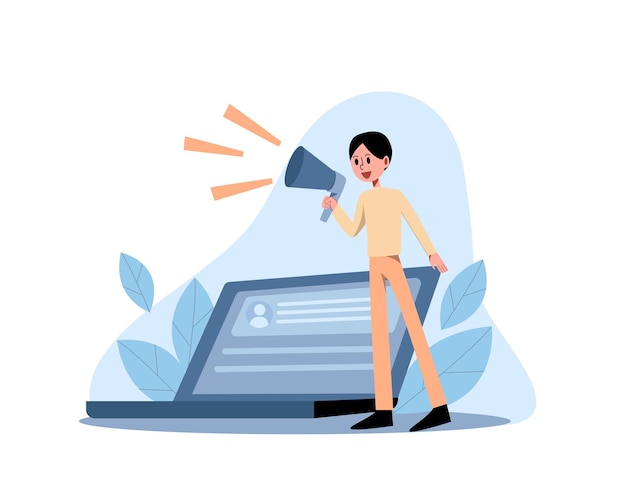 Vector woman with megaphone and laptop vector illustration in flat style