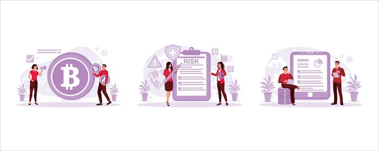Vector woman with a megaphone and man holding bitcoin a manager holding a pen