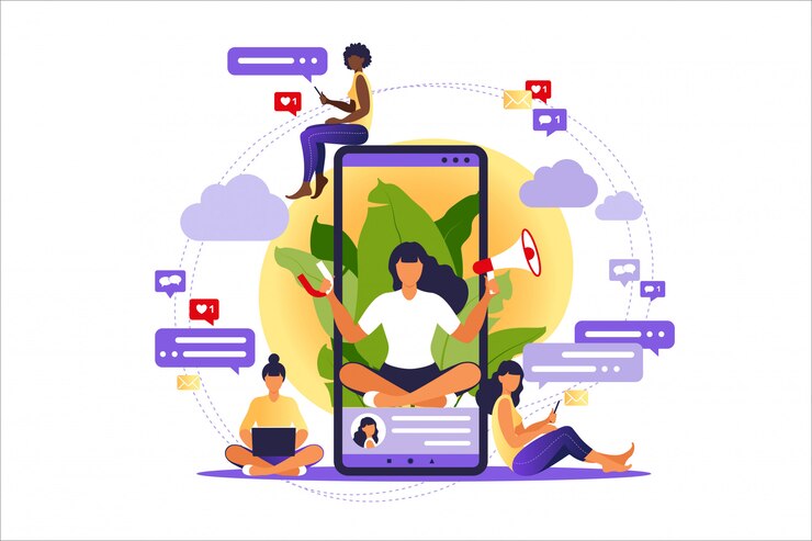 Vector woman with megaphone on screen mobile phone and young people surrounding her
