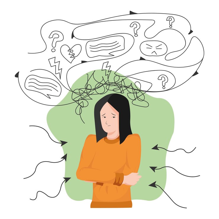 Vector woman with mental problems mental disorder person with a lot of thoughts in her head