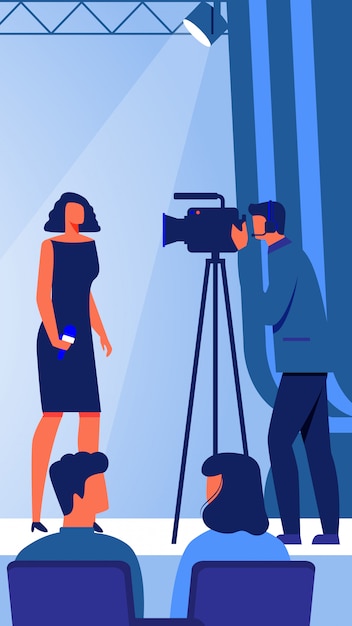 woman with microphone in hand on stage. vector.