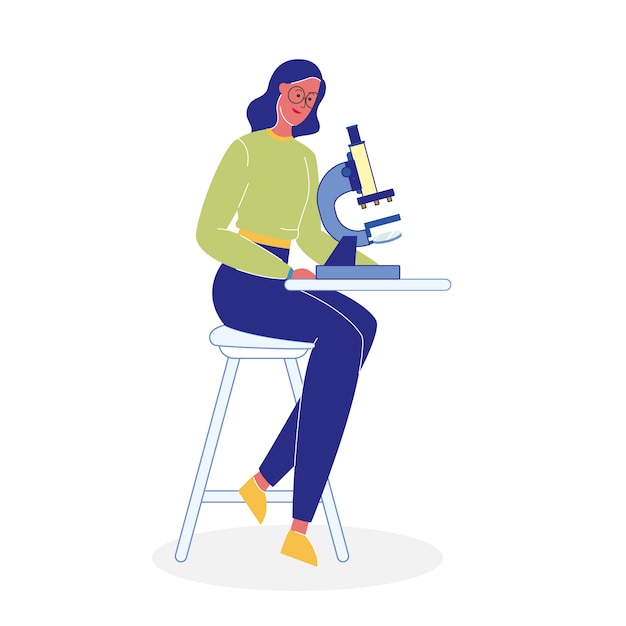 Vector woman with microscope flat vector illustration