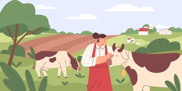 Vettore donna con mucche da latte al pascolo. animali domestici che pascolano e mangiano erba sul campo. lavoratore agricolo e bestiame nei prati. paesaggio estivo rurale con contadino e bestiame. illustrazione vettoriale piatta.