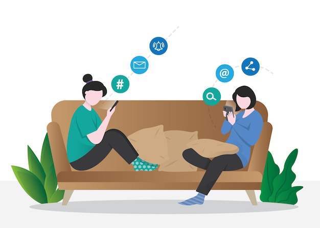 ソーシャル メディア アプリで自宅の椅子に携帯電話を持つ女性テキスト メッセージ インターネット経由でオンライン チャット スマート フォンを持つ人白い背景で隔離のフラット グラフィック ベクトル図