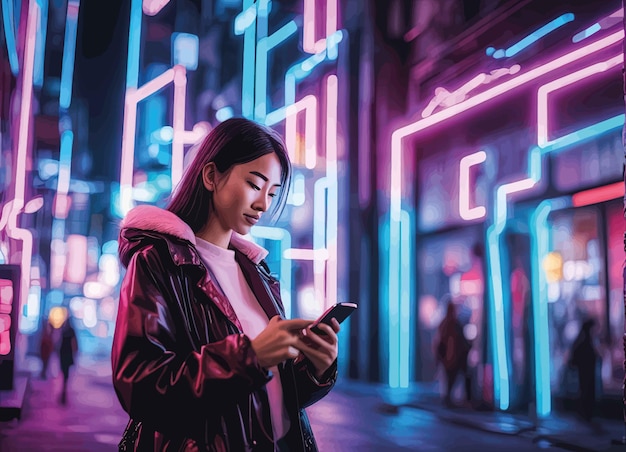 Vector woman with mobile phone in the cityyoung girl using smartphone in neon lightswoman with mobile phone