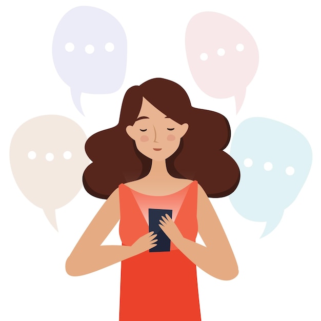 Woman with mobile phone read messages flat style vector illustration