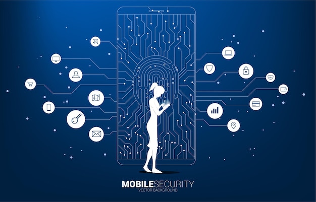 Woman with mobile phone and thumbprint and lock pad icon