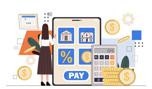 Вектор Женщина с ежемесячными платежами молодая девушка с калькулятором и золотыми монетами финансовая грамотность бюджет