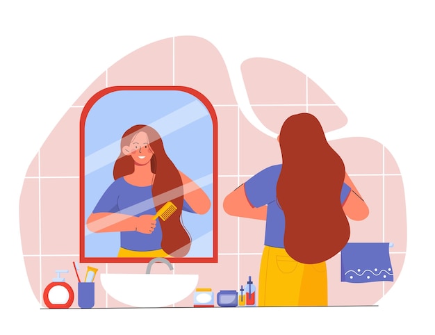 Vector woman with morning routine young girl with haircomb near mirror hygiene and cleanliness in bathroom