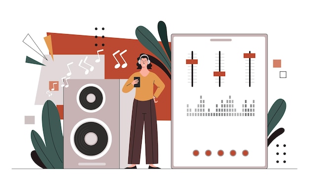 Woman with music column concept young girl with audio equipment dj with mobile app wireless control