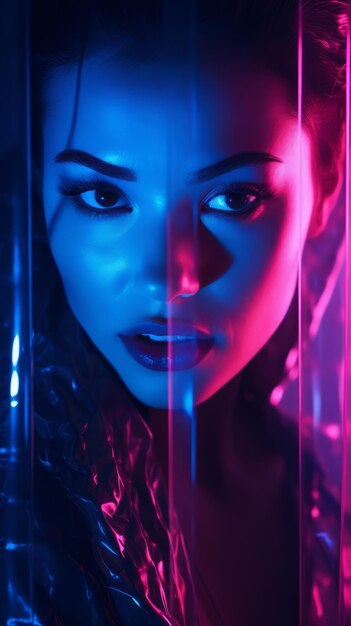 A woman with neon lights on her face