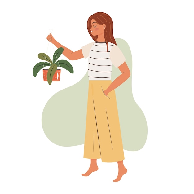 Woman with a new plant in a pot Vector concept illustration