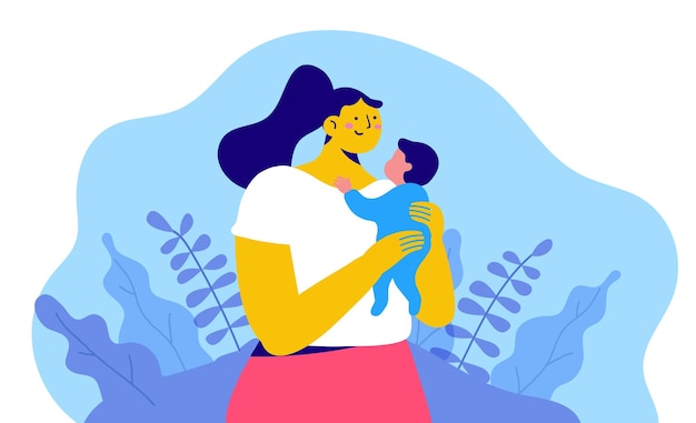 Vector woman with newborn baby flat vector illustration