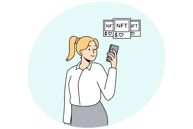 Donna con immagine nft e oggetti token donna d'affari esplora blockchain o grafica di criptovaluta illustrazione vettoriale