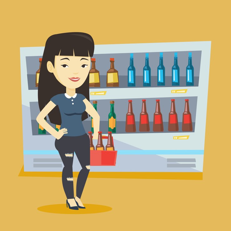 Vector woman with pack of beer at supermarket.