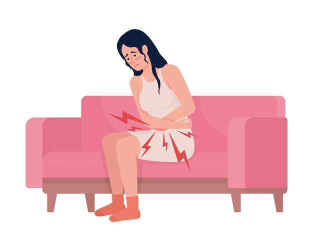 Woman with pain in stomach semi flat color vector character