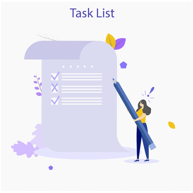 Vector woman with pencil marking completed tasks on todo list