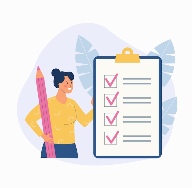 Woman with pencil standing around check list All task check concept Vector flat style illustration