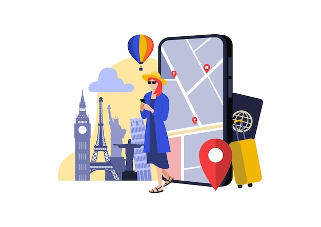 Vector woman with phone screen in the background concept image of a navigation application for travel