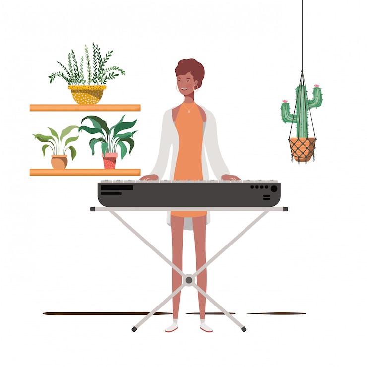 Vector woman with piano keyboard and houseplants on macrame hangers