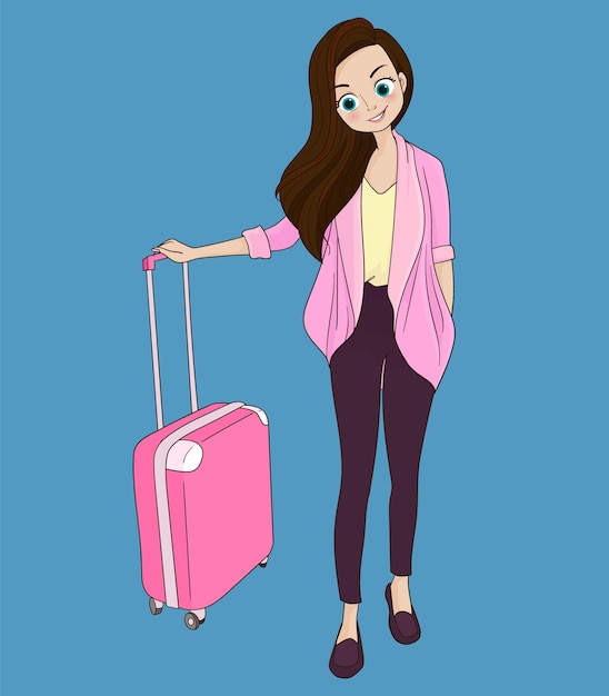 Vector woman with pink baggage ready for summer holiday