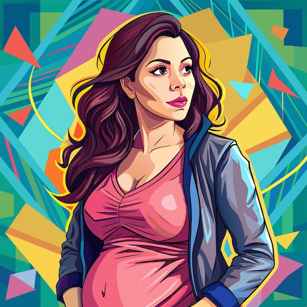 Vector a woman with a pink dress is standing in front of a colorful background